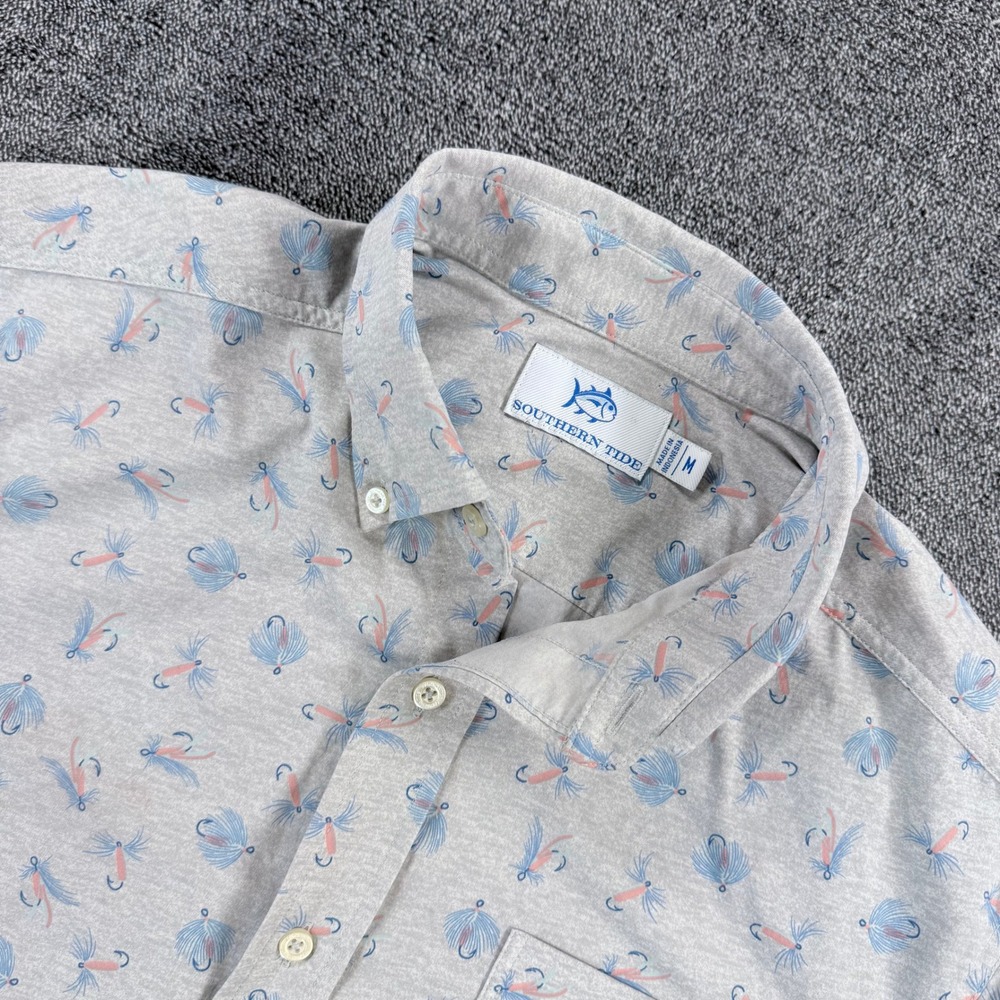 Southern Tide Mens Gray Fly Fishing Lure Print Performance Button Down Shirt M